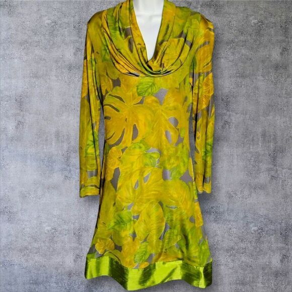 Beautiful 60's Mod Dress Vintage Green/Yellow  Cowl Neckline Size Large - Picture 1 of 11